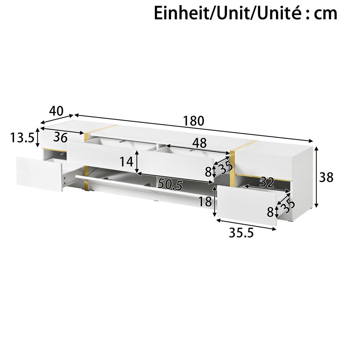 TV-LOWBOARD aus MDF und Spanplatte 180x40x38 cm Weiß mit Hochglanzfront, 4 Schubladen und 2 Türen - Weiß, Holzwerkstoff (180/38/40cm) - IVMEU