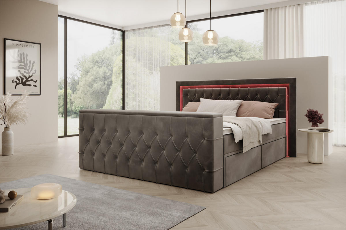 BOXSPRINGBETT Arosa TV mit Schubladen und Topper, TV-Lift, LED Beleuchtung, Samt, 180x200 cm, Grau - Grau, Holz - PROMETO Möbel