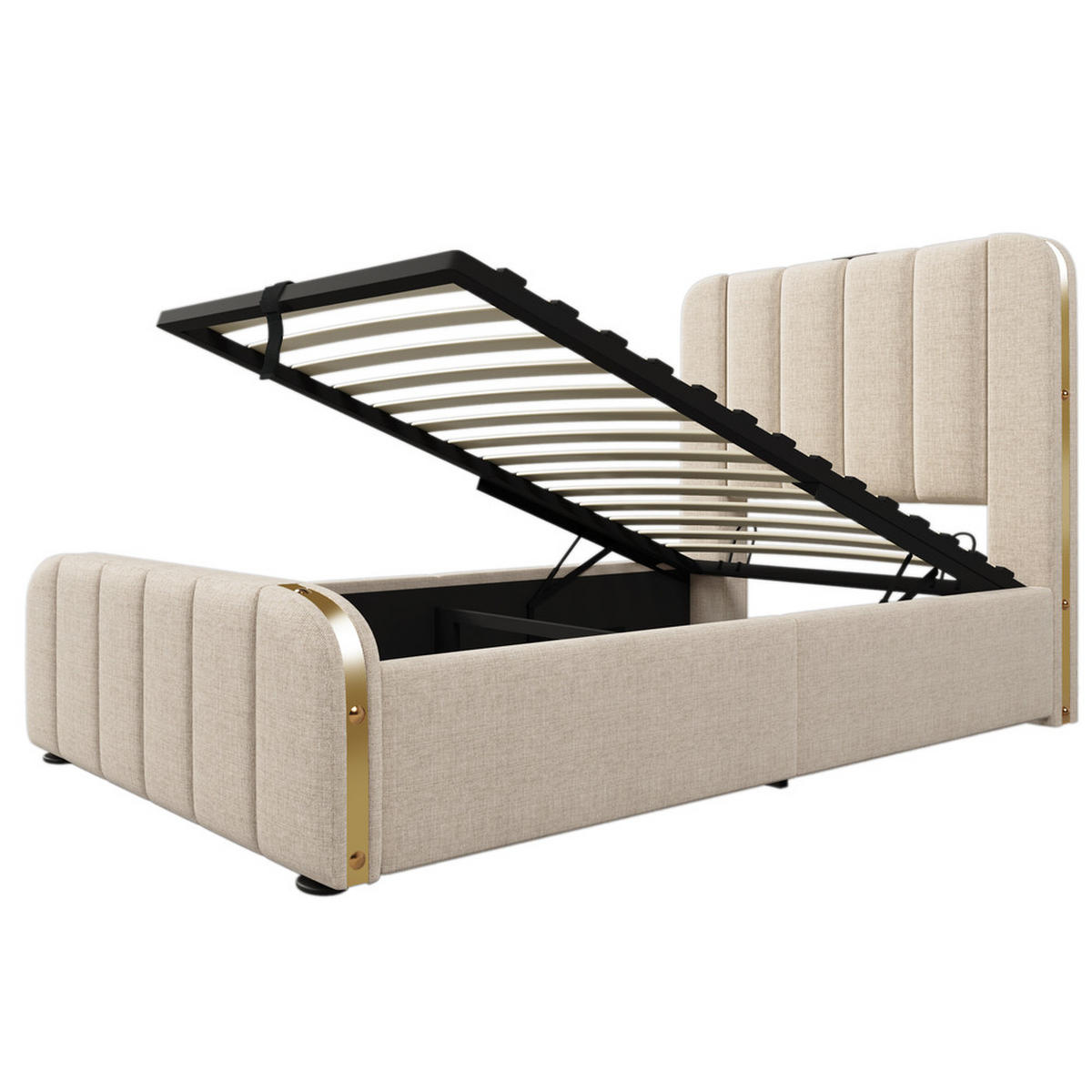 POLSTERBETT 90x200cm Einzelbett USB-C Hydraulik Goldstreifen Beige - Beige, Holz - FLIEKS