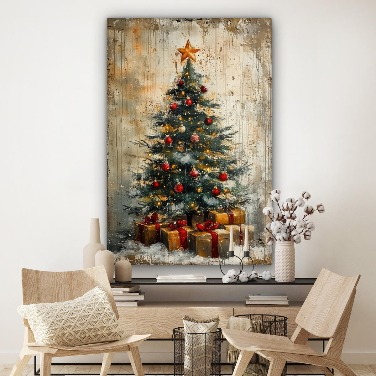 OBRAZ NA PLÁTNĚ Vánoční stromek - Vintage - Vánoce - Dárek 90x140 cm - rezavá, textil (90/140cm) - MuchoWow