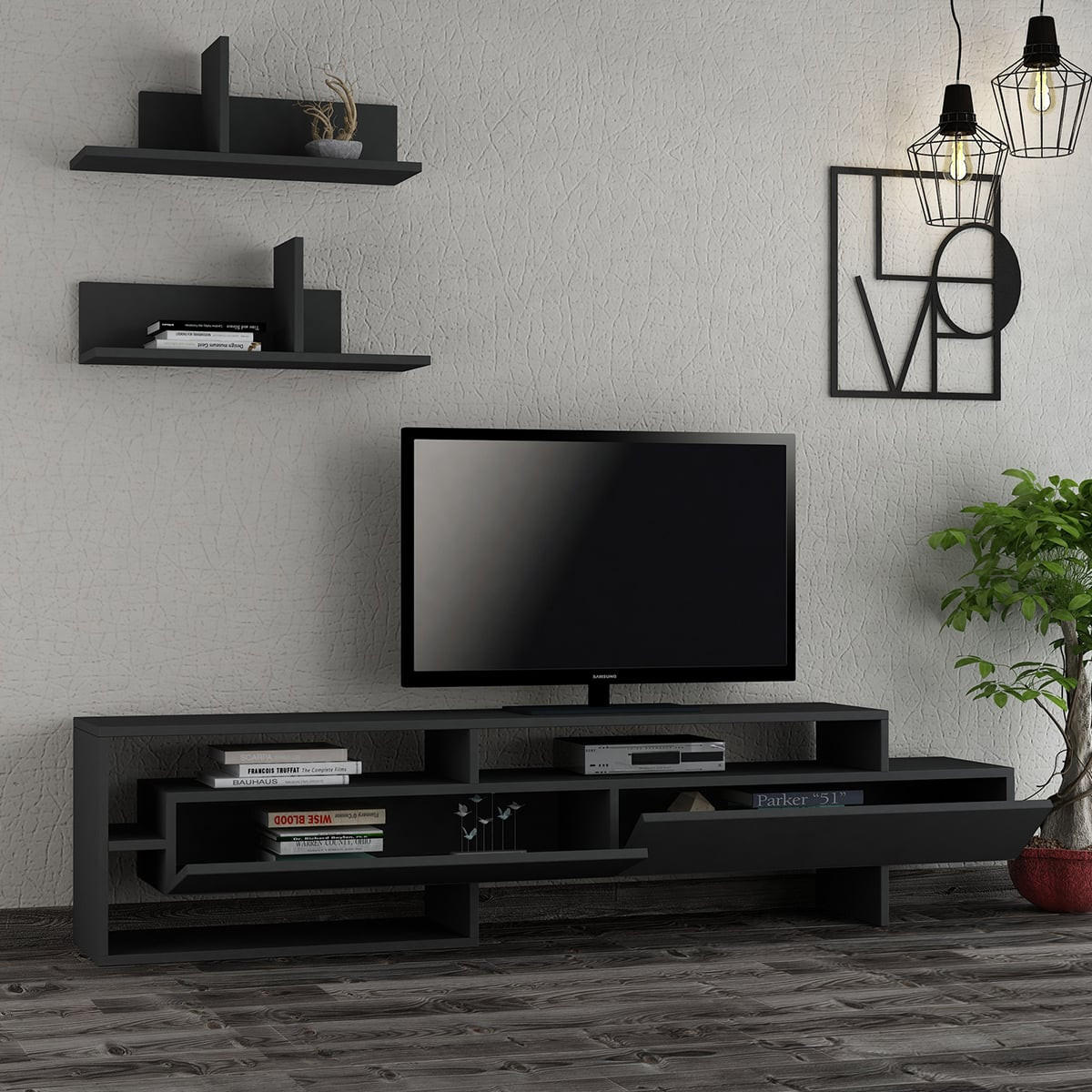 TV-MÖBEL mit 2 Türen und 2 Wandregalen L180 cm - Gara - Anthrazit, Holzwerkstoff (32/42/180cm) - Calicosy