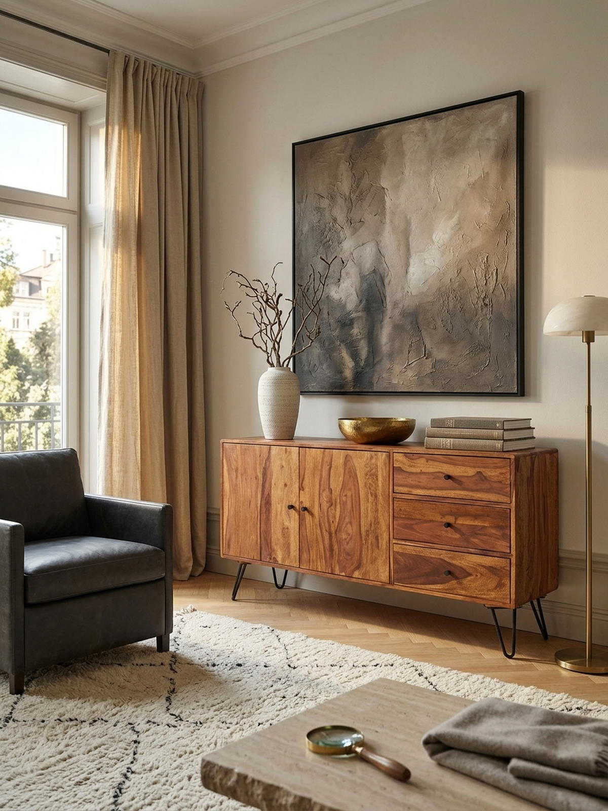 SIDEBOARD – Massivholz, 145x75x40 cm, 3 Schubladen, 2 Türen, Landhausstil, Haarnadelbeine - Schwarz/Braun, Holz/Metall (145/75/40cm) - KADIMA DESIGN
