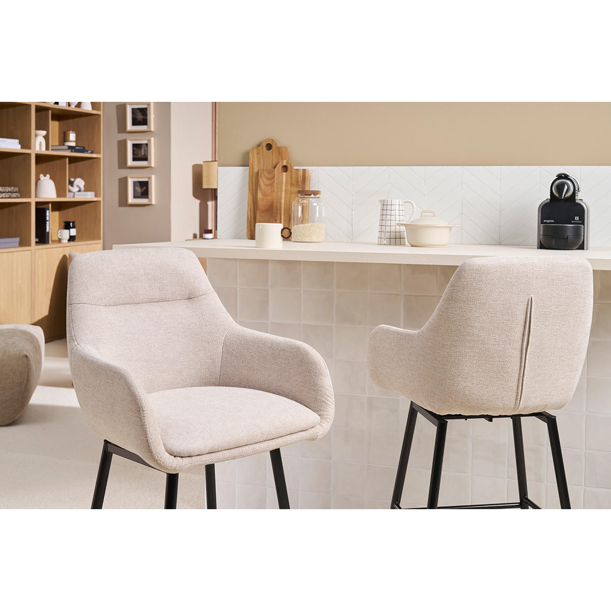 BARHOCKER drehbar 360° aus Stoff in Samtoptik beige und Metall H66 cm (2er-Set) ALESS - Beige, Textil (53.7/95.5/52.5cm) - Miliboo