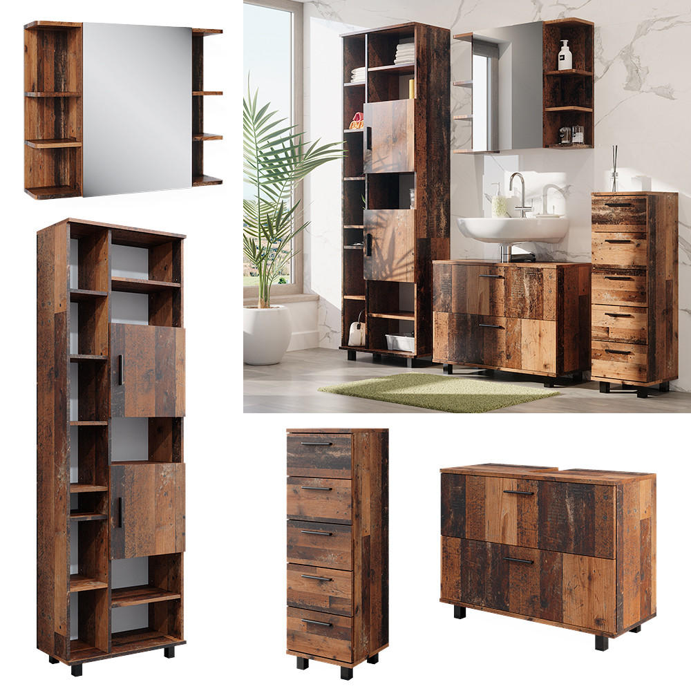 BADMÖBEL-SET Ilias Eiche rustikal 4 Teile, mit Hochschrank - Wildeiche, Holzwerkstoff (80.2/60.8/33cm) - Vicco