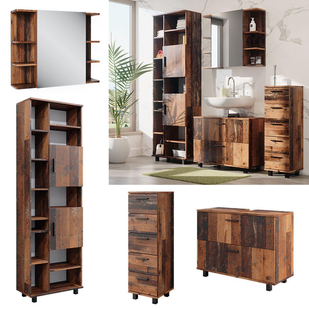 BADMÖBEL-SET Ilias Eiche rustikal 4 Teile, mit Hochschrank - Wildeiche, Holzwerkstoff (80.2/60.8/33cm) - Vicco