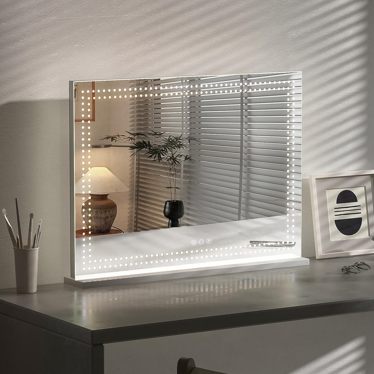 SCHMINKSPIEGEL mit Lichtstreifen LEDs Beleuchtung Glühbirne weiß 80/58 cm - Weiß, Metall (80/58/3cm) - VANITII