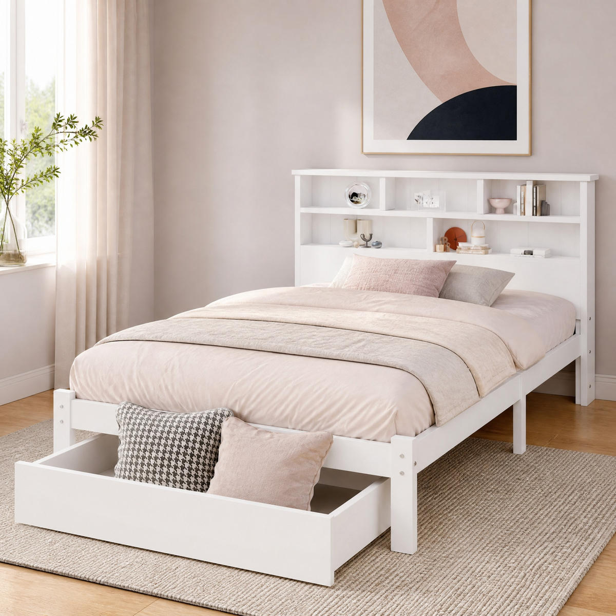 JUGENDBETT 90/200 mit Bücherregal und Schubladen in Weiß - Beige, Holzwerkstoff (90/200cm) - EVRYAE