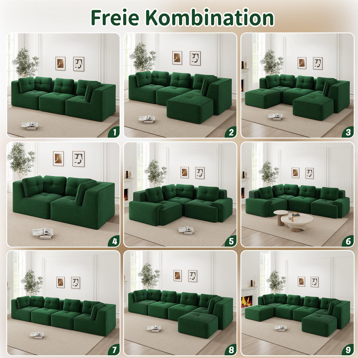 2-SITZER Sofa 208x104x69 cm aus Cordstoff rahmenlos modular, grün - Grün, Textil (104/69/208cm)