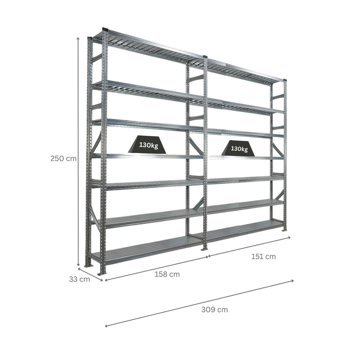 FACHBODENREGAL Proximo Stecksystem 250x300x32cm 7 Ebenen Beidseitig nutzbar Verzinkt - Silberfarben, Metall (300/250/32cm) - PROREGAL
