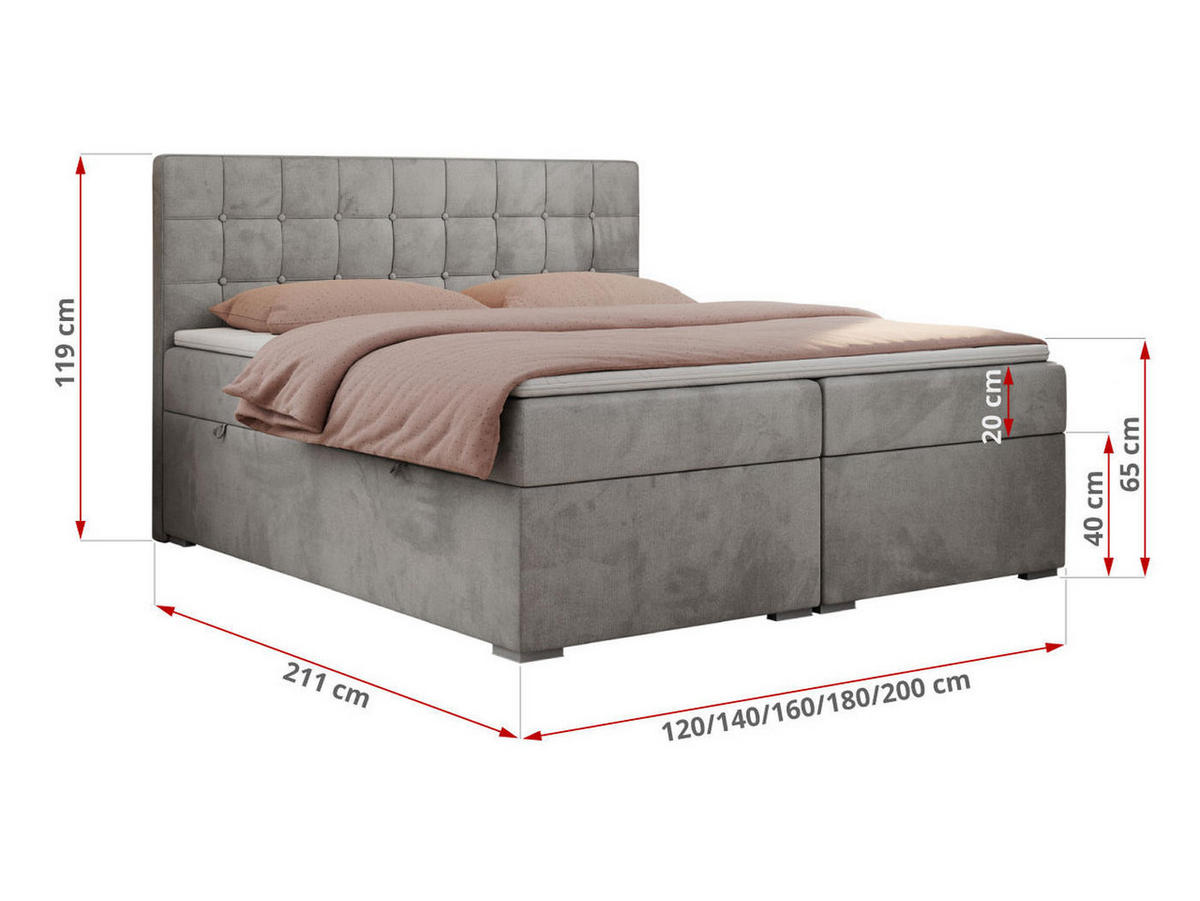 BOXBETT CARMEN 160/200 Hellgrau Velvet - H3 - Hellgrau, Holz/Textil (160/200cm) - MKS