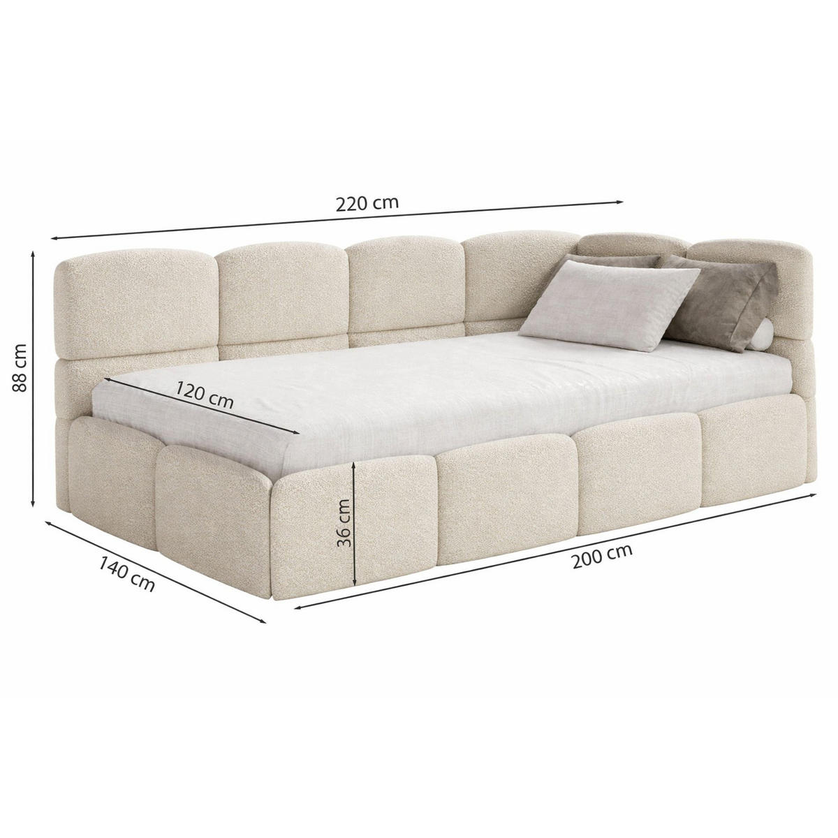 JUGENDBETT Cloudy Hellgrau 120 x 200 cm - Hellgrau/Schwarz, Kunststoff/Textil (120/200cm) - Selsey