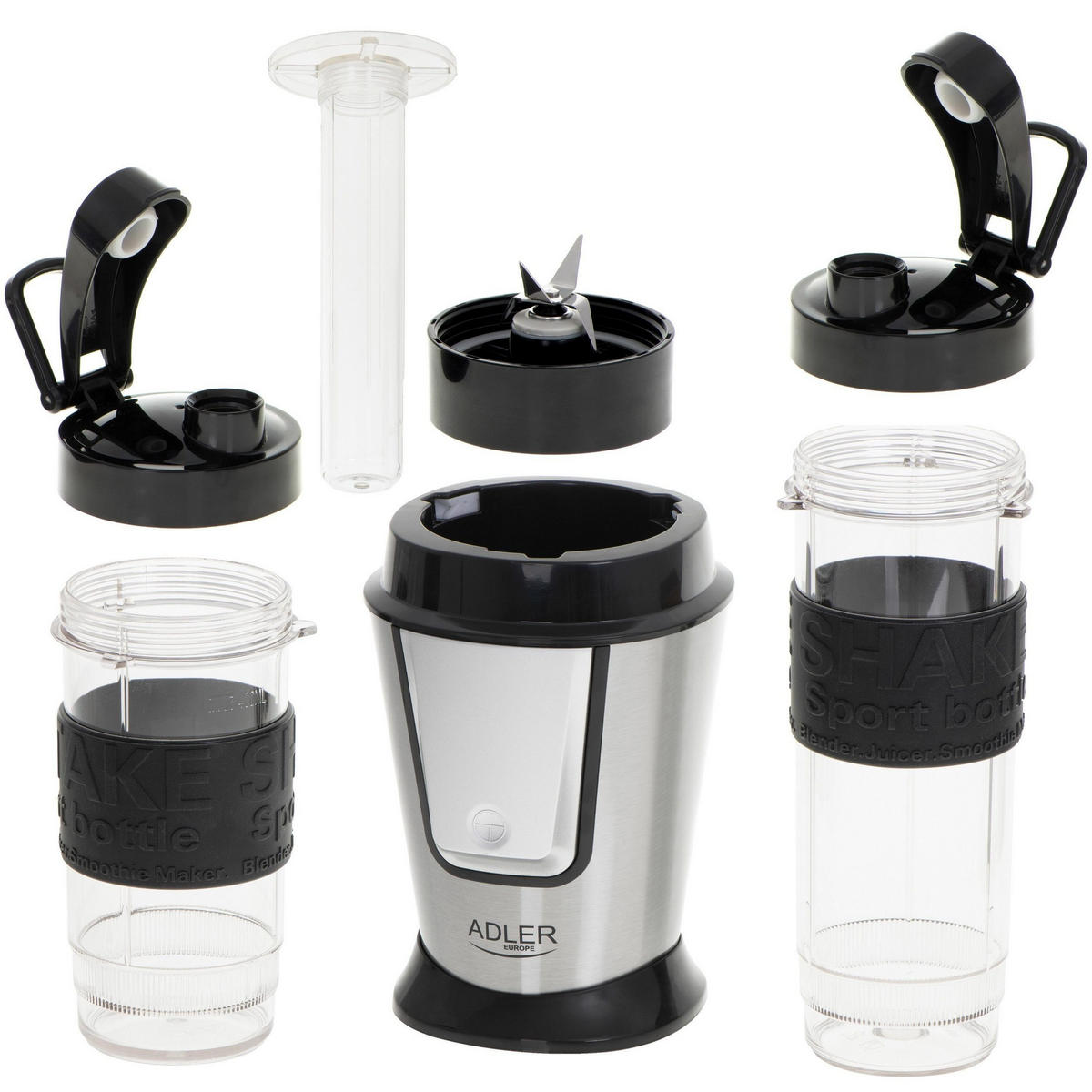 PERSONAL MIXER, 800W Smoothie Maker, Ice Crush Funktion, Cooling Stick, BPA-Frei, 2 Shaker Flaschen, Protein Shake, Fitness Blender, Portable, Küchen - Silberfarben/Schwarz, Glas/Kunststoff (14/33/14cm) - Adler