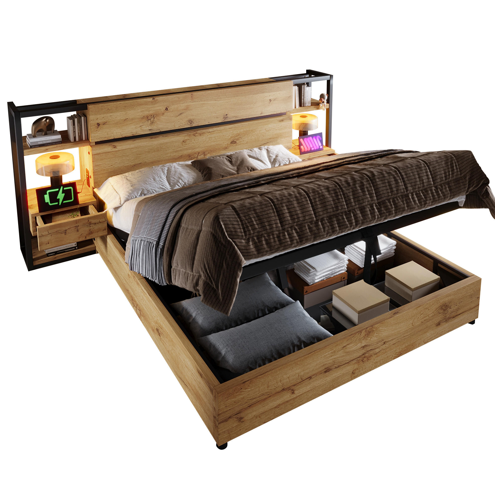 OKWISH MANŽELSKÁ postel 160/200 cm dubová z MDF a kovu s úložným prostorem a USB nabíjením