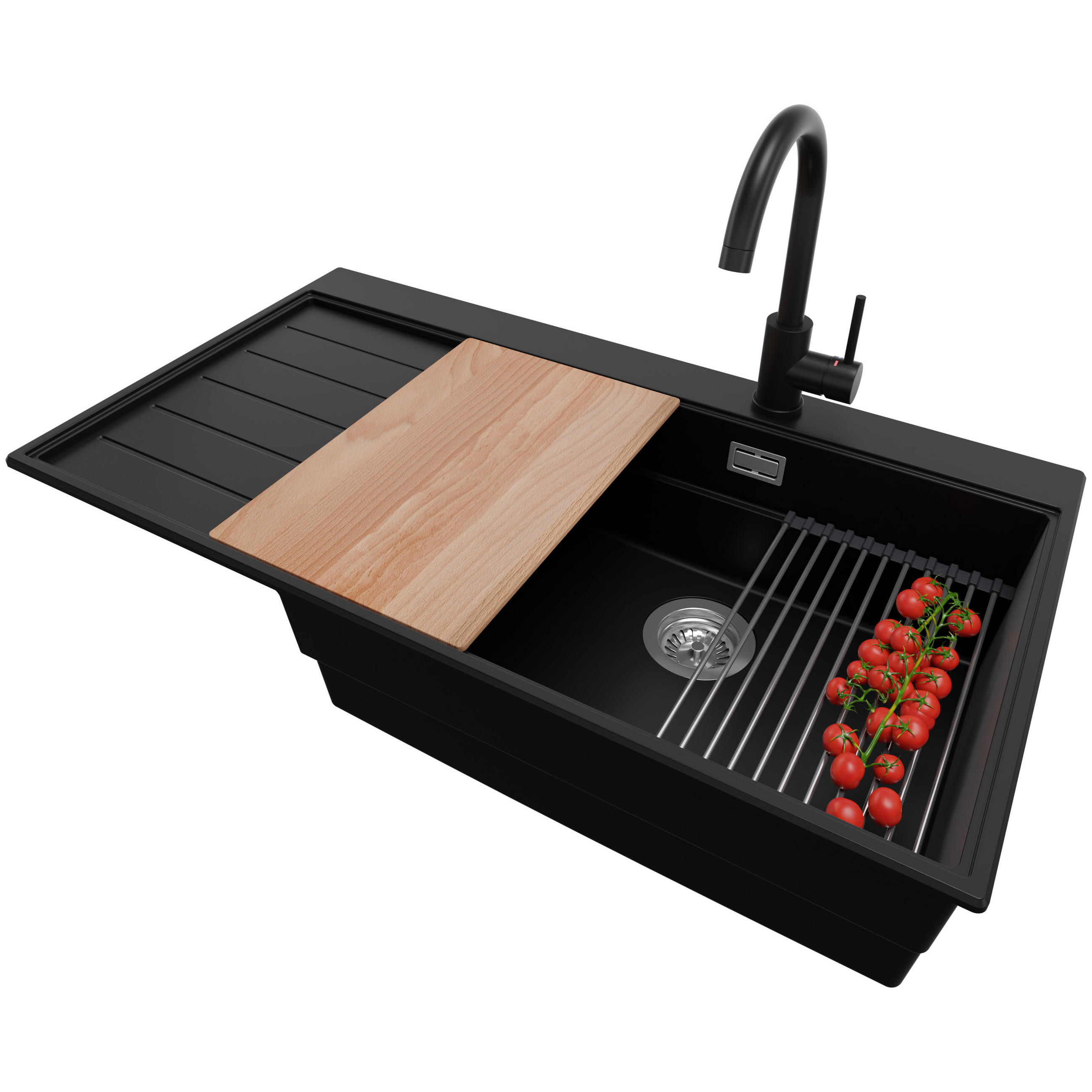 GRANITSPÜLE Sydney, 2-er set Schwarz 90/50 cm 1 Becken + Küchenarmatur 32/20 cm + Ablauf-Set + Küchenzubehörset ab 60er Unterschrank - Chromfarben/Beige, Kunststoff (90/20/50cm) - Primagran