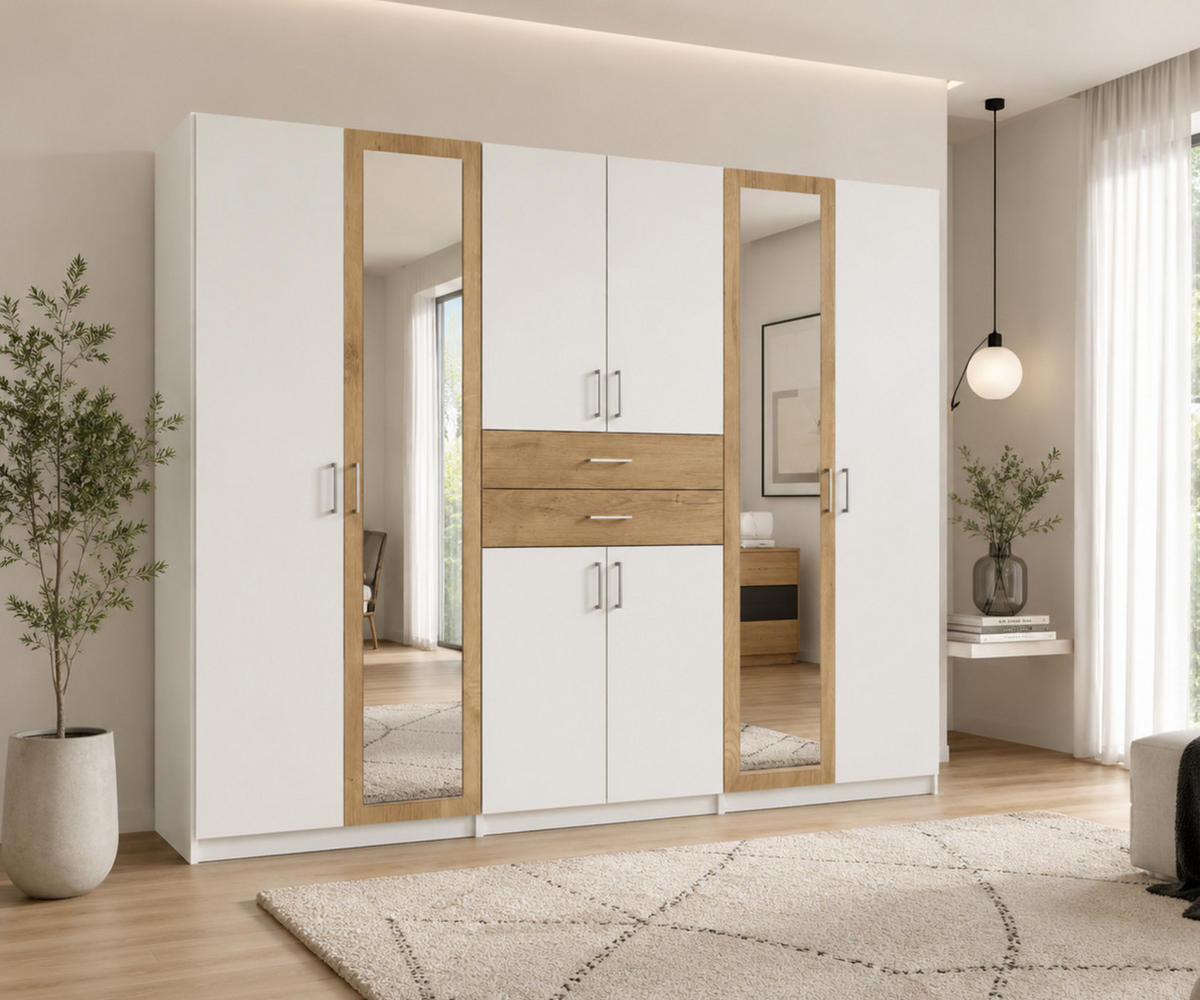 DREHTÜRENSCHRANK Kleiderschrank B270/H208/T58 cm mit Schubkästen & 2 Spiegeltüren, Weiß mit Absetzungen in Eiche Dekor / 22595 - Eichefarben/Silberfarben, Holzwerkstoff/Kunststoff (270/208/58cm) - luma-home