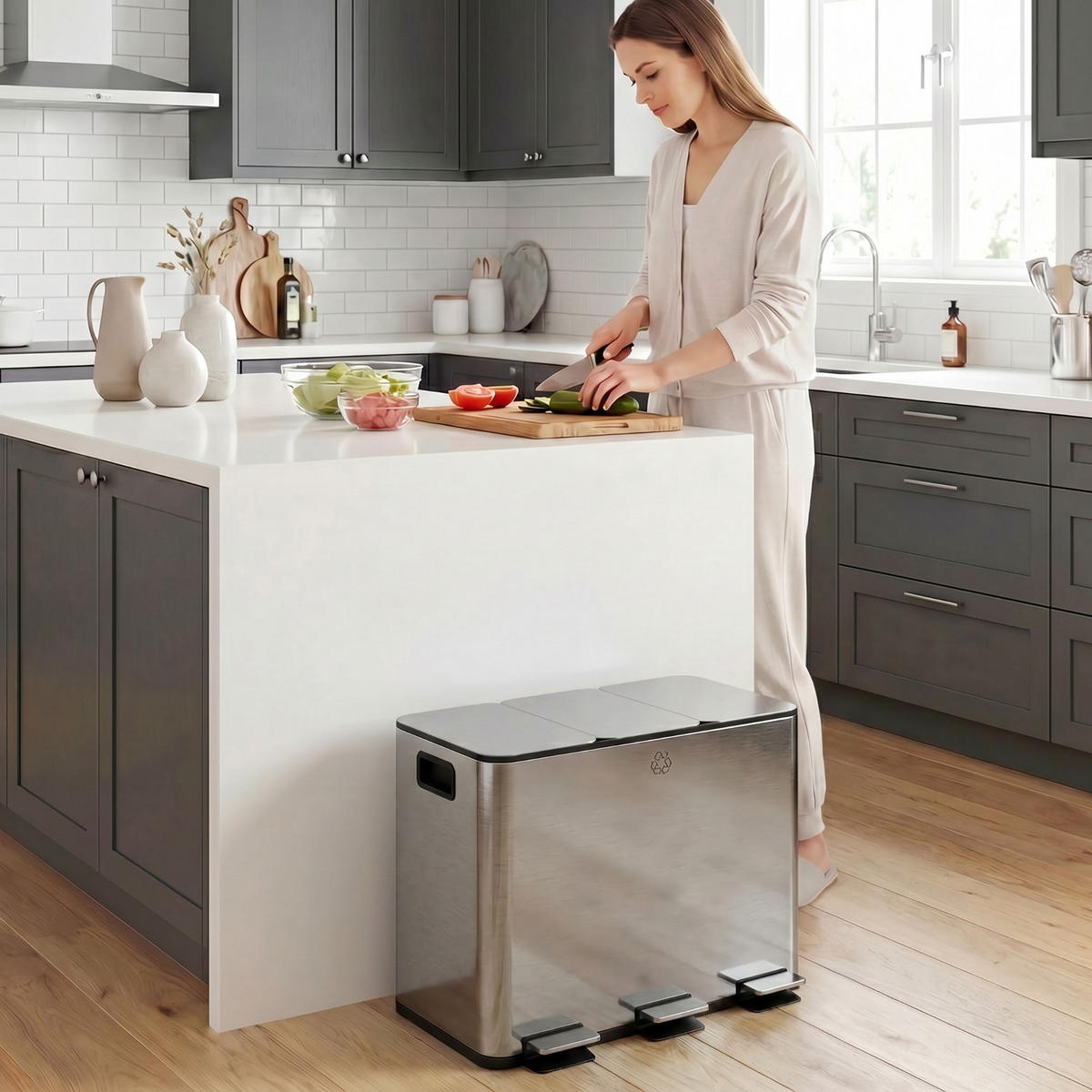 MÜLLTRENNSYSTEM 3 Fächer 61,9/56,7/36,6 cm Edelstahl Silber MIT ABSENKAUTOMATIK für die Küche - Silberfarben, Metall (36.6/56.7/61.9cm) - Rolipo