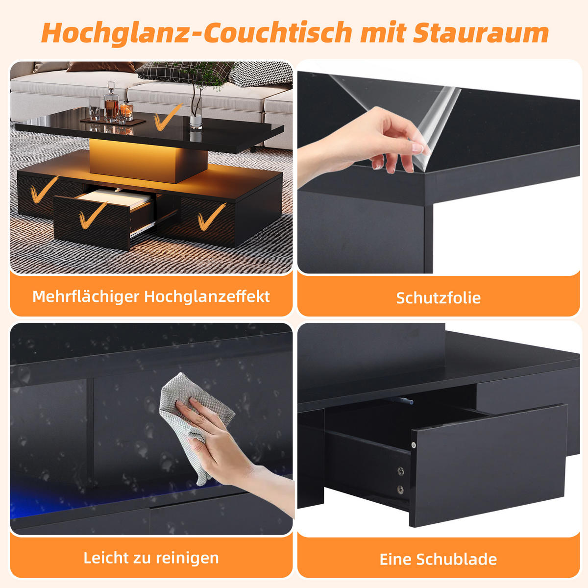 COUCHTISCH in Schwarz LED-Kaffeetisch mit Ausstellungsregal und 1 Schiebeschubladen für Wohnzimmer, B100/T50/H39cm - Schwarz, Holzwerkstoff (50/100/39cm) - STILVORA