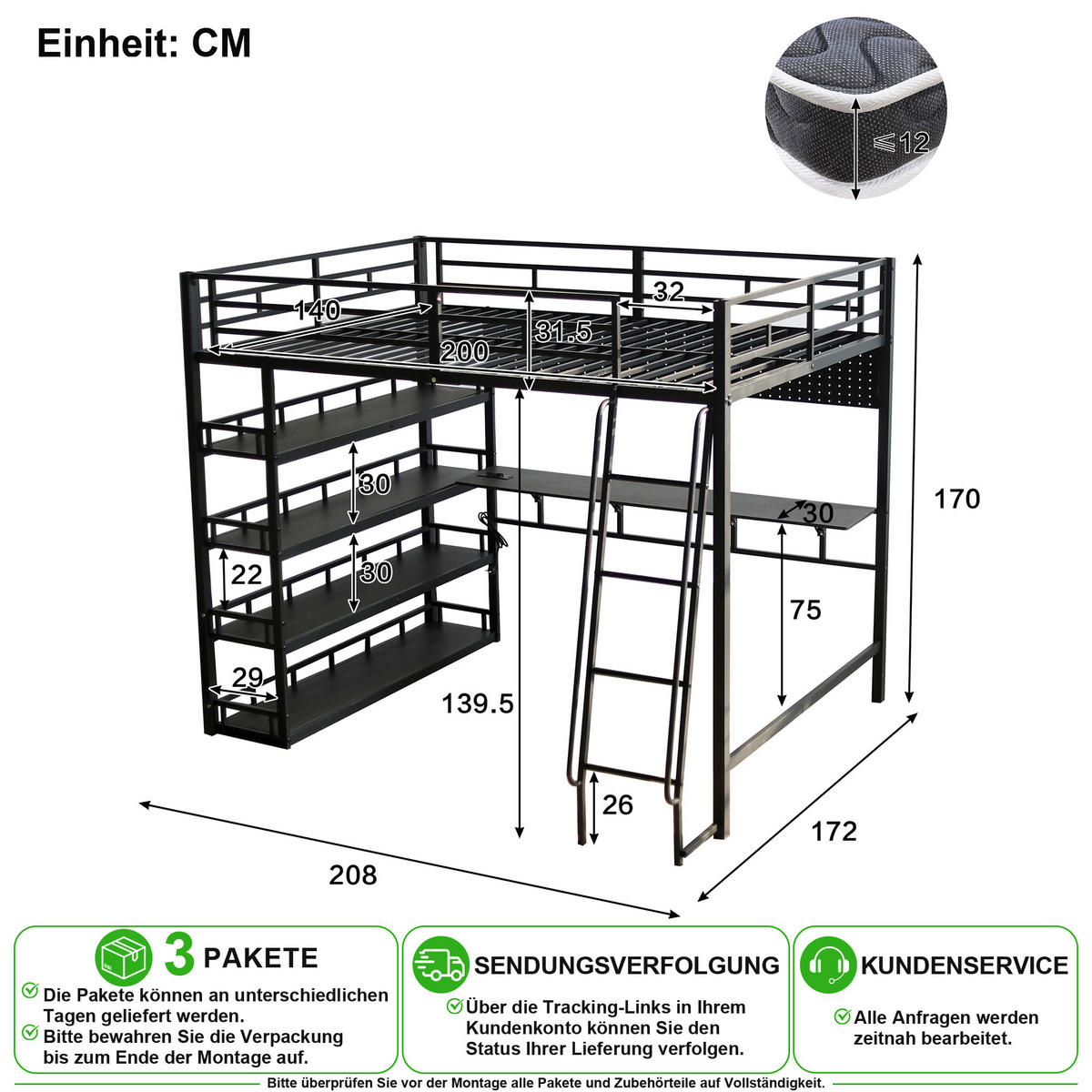 HOCHBETT 140/200 cm in Schwarz mit Ablagen, Stauraum und Ladeanschluss - Schwarz, Holzwerkstoff/Metall (140/200cm) - CHICFURN