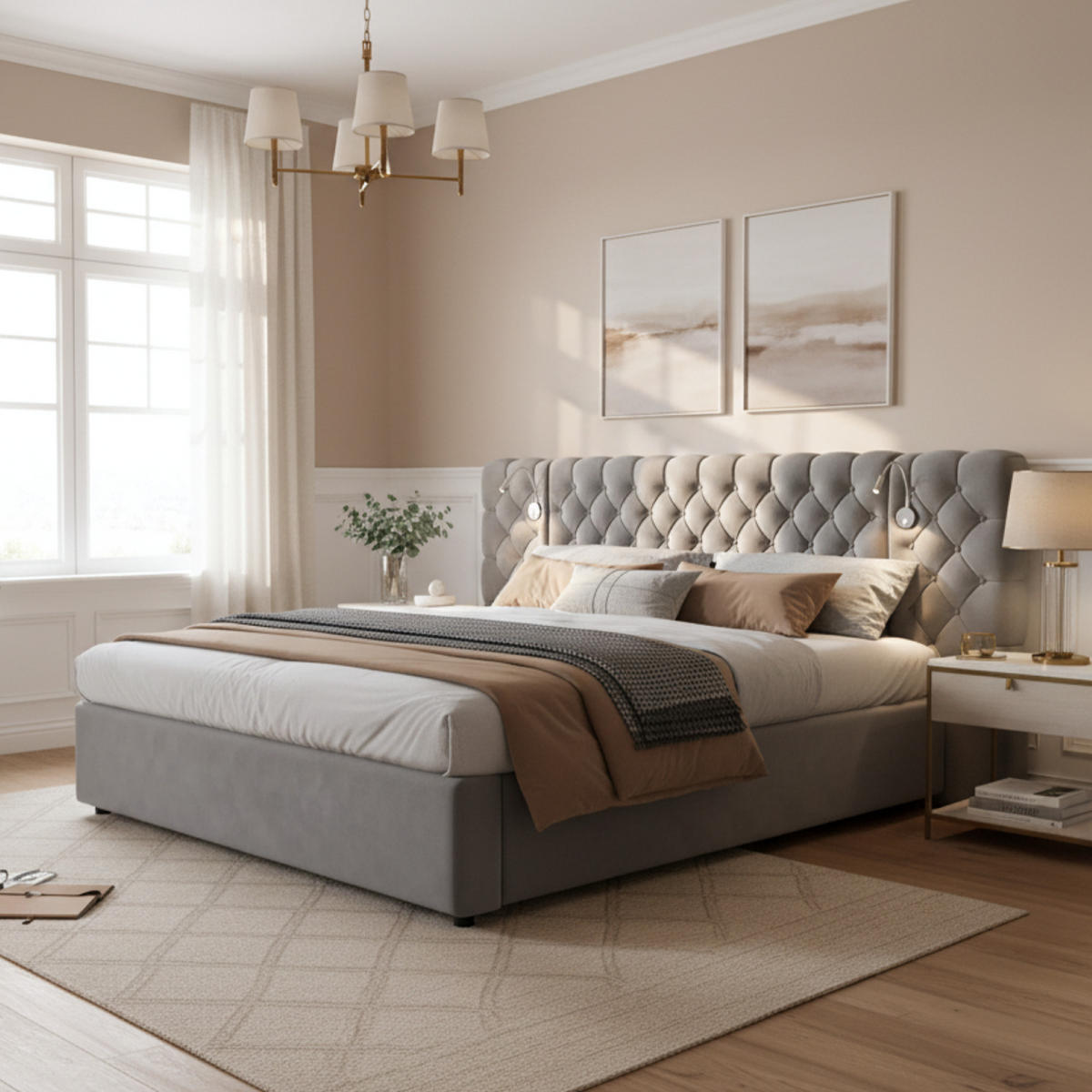 POLSTERBETT aus Samt 160x200 cm in Grau mit Stauraum & Leselicht - Grau, Textil (160/200cm) - Modfu