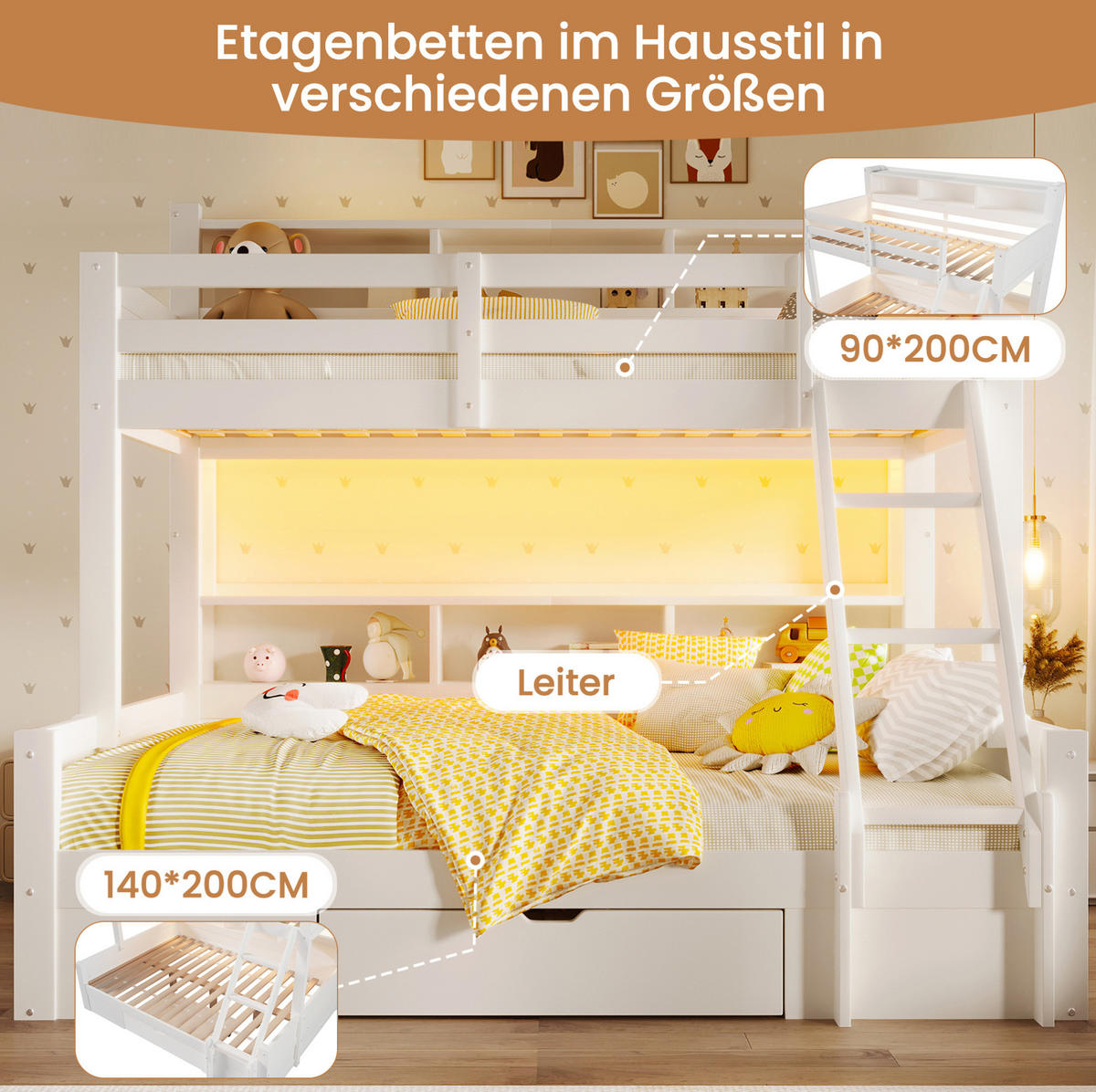 ETAGENBETT 90/200 + 140/200 cm in Weiß mit LED-Beleuchtung und Stauraum - Weiß, Holz (90/200cm) - Flora Grace