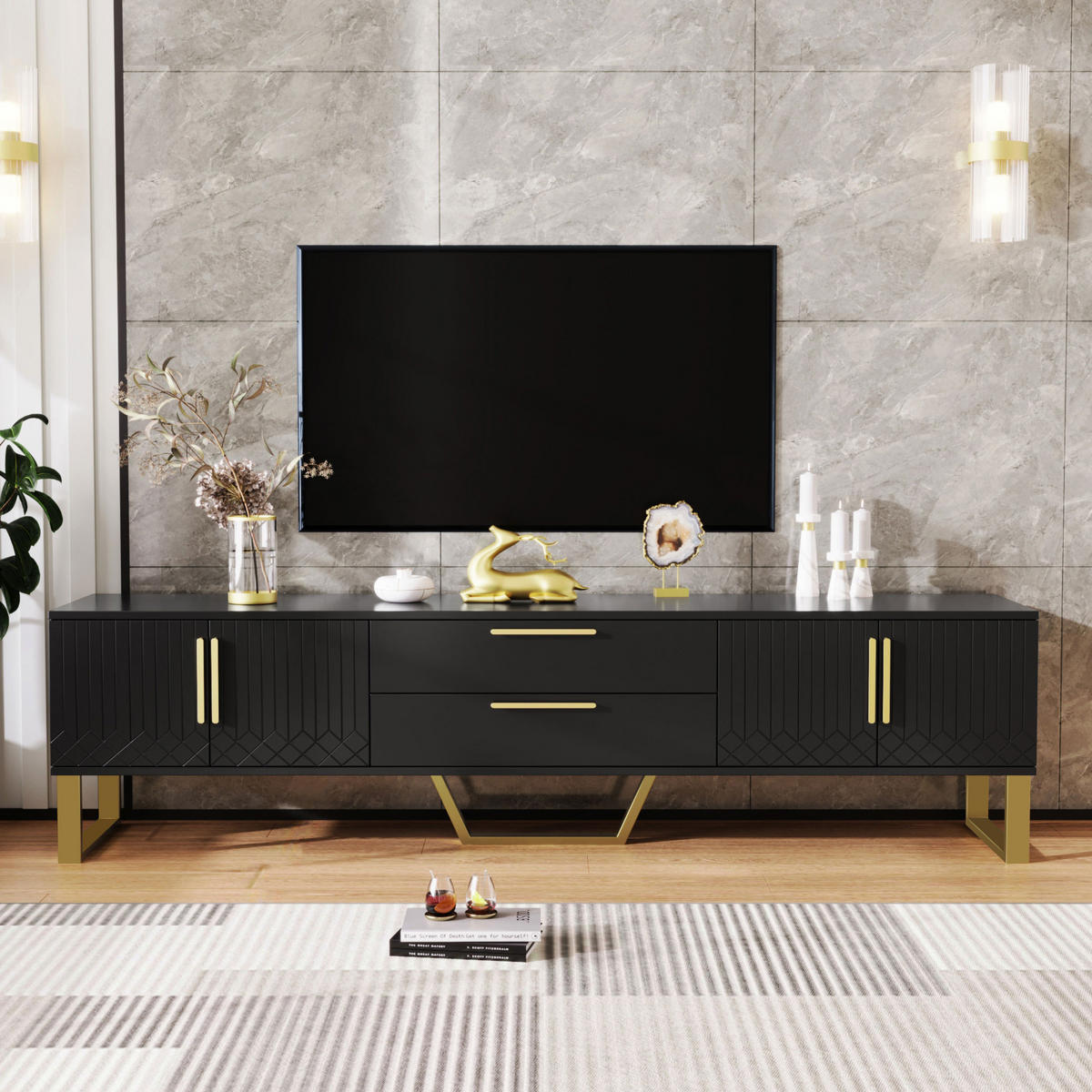 TV-SCHRANK 170/40/53,5 cm mit 4 Türen, 2 Schubladen, Kabelöffnungen und Hochglanz aus MDF, Schwarz/Gold - Schwarz, Holzwerkstoff (170/53.5/40cm) - Redom