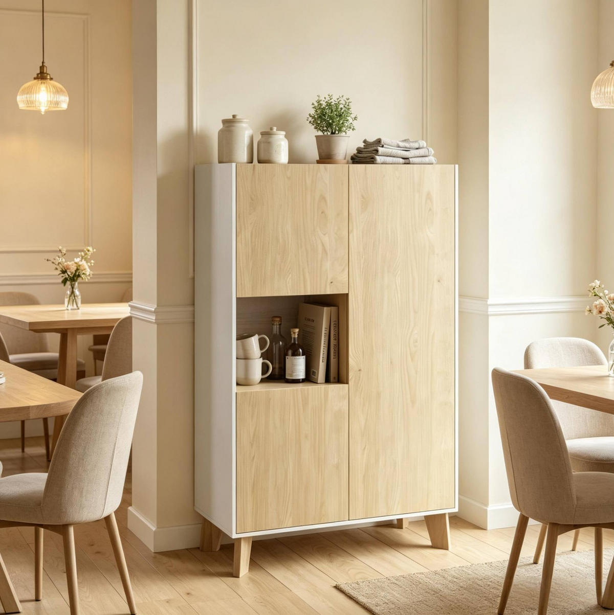 SIDEBOARD aus MDF und Spanplatte 80x40x135 cm Weiß/Eiche hell mit 5 Fächern - Weiß, Holzwerkstoff (80/135/40cm) - IVMEU