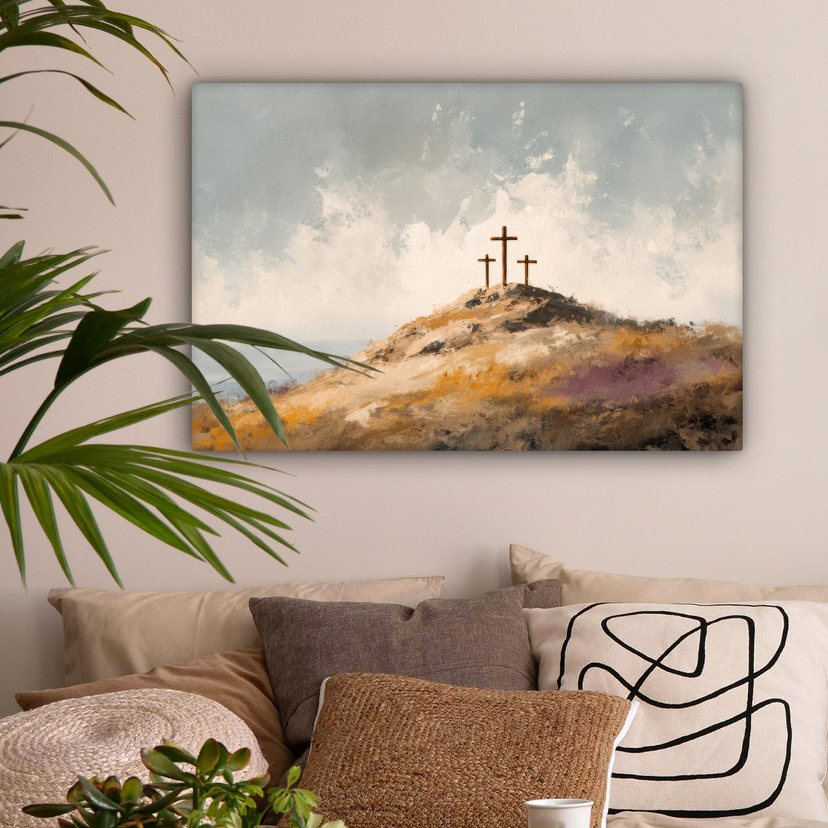 LEINWANDBILD Hügel - Abstrakt - Christentum - Kreuz Wanddeko 90x60 cm - Hellgrau, Textil (90/60cm) - MuchoWow