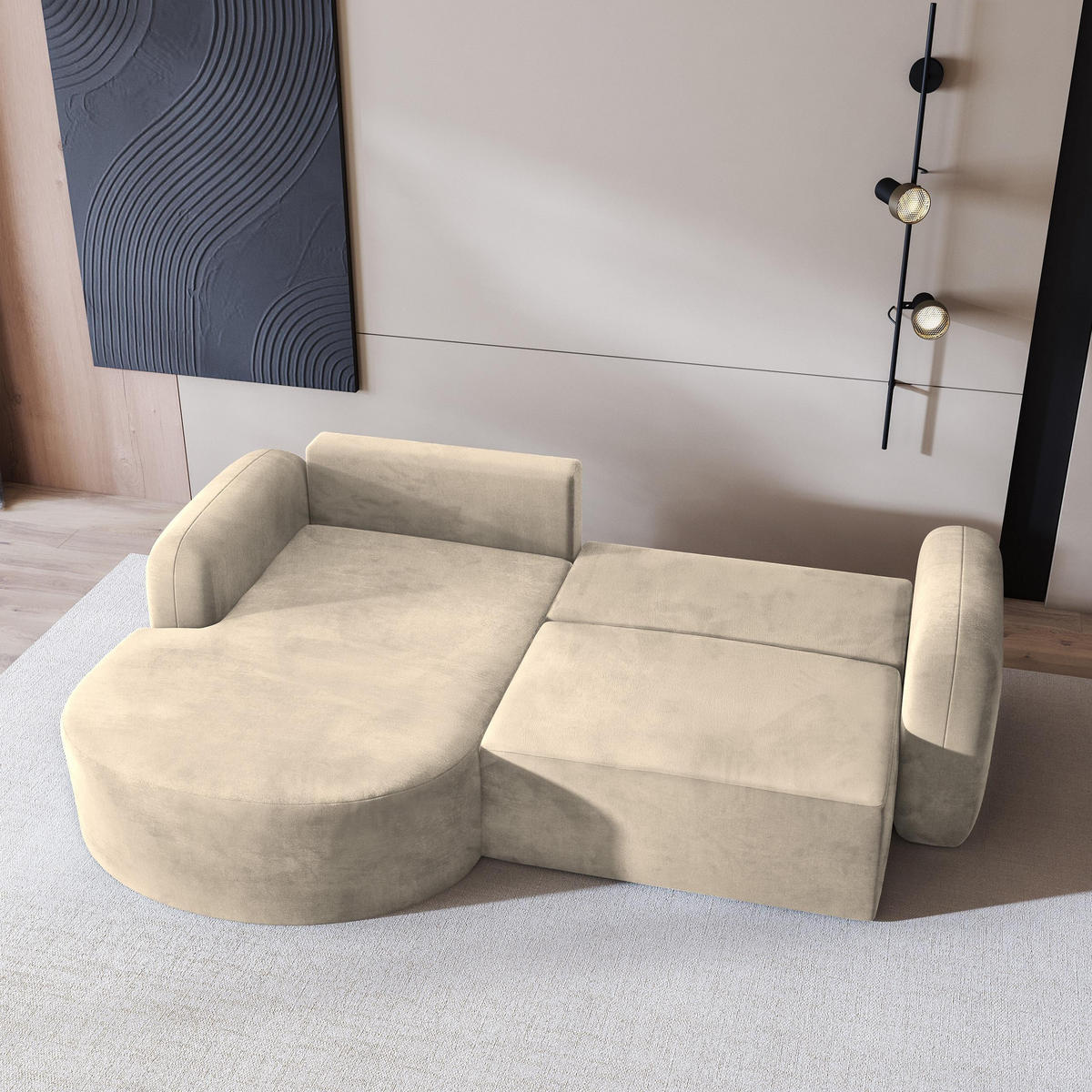 ECKSOFA AMILIA M L-S Creme Velours-Stoff mit Schlaffunktion - Creme, Holz (263/174cm) - MASSENO