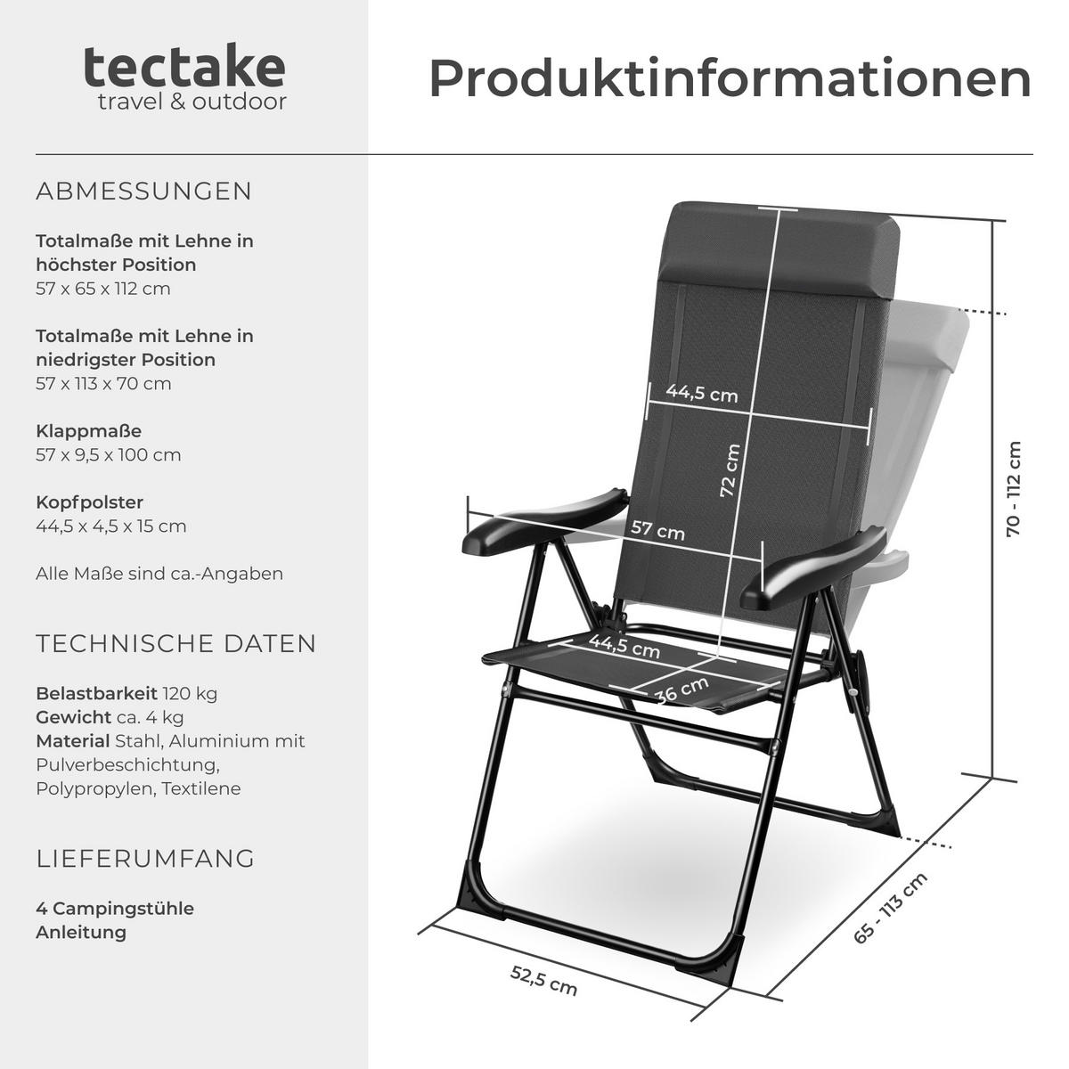 CAMPINGSTUHL Müritz,Belastbarkeit 120 kg, 57 x 65 x 112 cm,anthrazit - Anthrazit, Kunststoff (57/112/65cm) - tectake