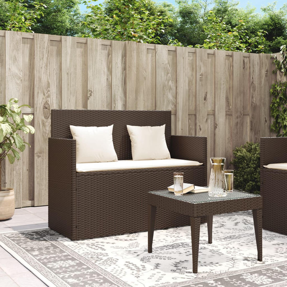 GARTENBANK mit Kissen Braun Poly Rattan - Braun, Kunststoff (120/90.5/50cm) - furnicato