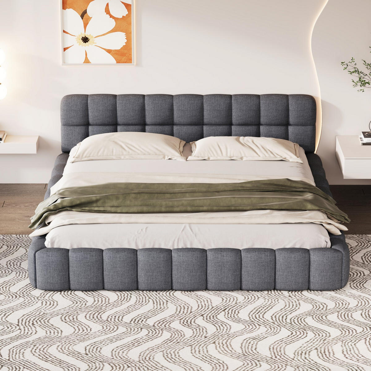 POLSTERBETT 160x200 cm Fleur Cloud mit Blumenrand-Design und weicher Rückenlehne, Leinen-Optik Grau - Grau, Textil (160/200cm) - DELFA