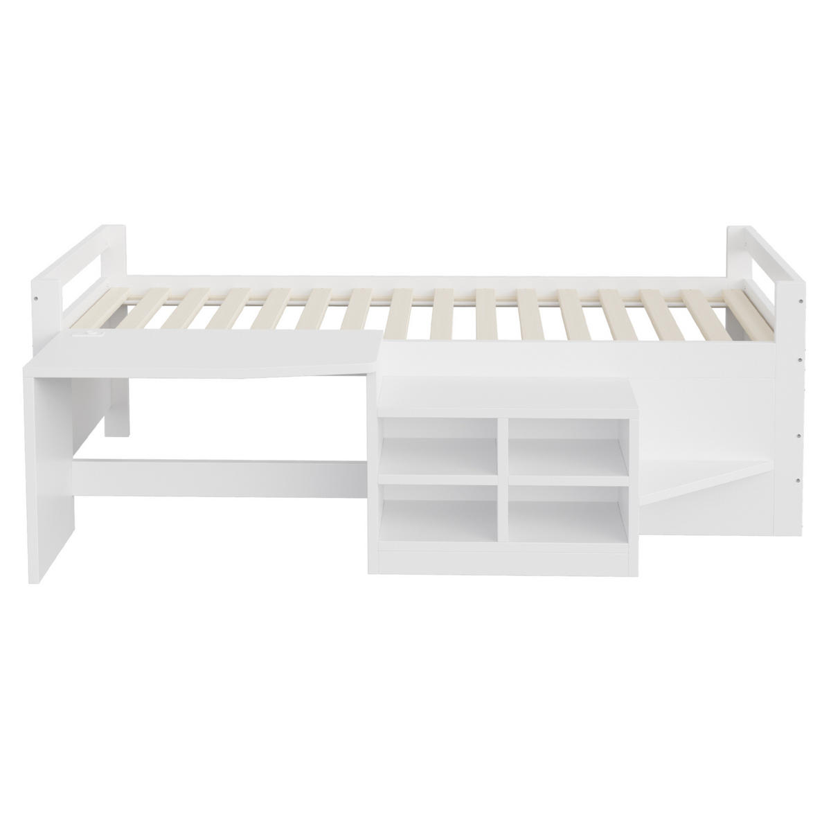 KINDERBETT aus Kiefernholz 90x200 cm Weiß mit Schreibtisch, USB-Anschlüssen, Steckdose und Stauraumschränken - Weiß, Holzwerkstoff (90/200cm) - Modfu