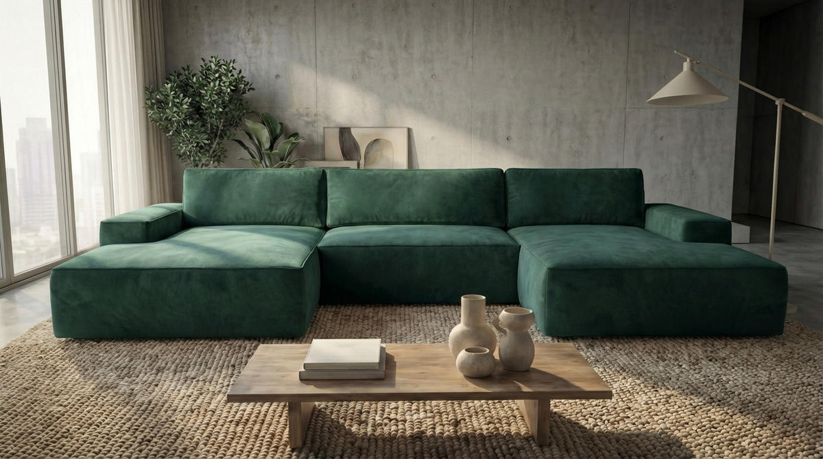 ECKSOFA EINAR 362 cm x 170 cm – Stoff: VELUTTO Dunkelgrun 10 Farbe: Grün - Grün, Textil (362/170cm) - A&J MöbelLand