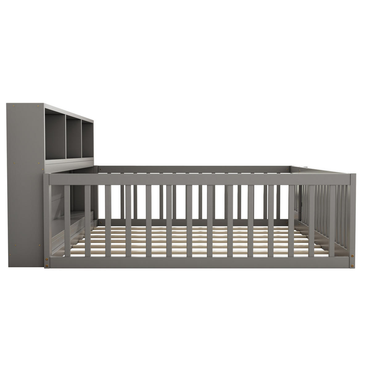 DENNÍ postel 140/200 cm šedá z borovice a MDF s úložným prostorem a zábradlím - šedá, dřevo (140/200cm) - OKWISH