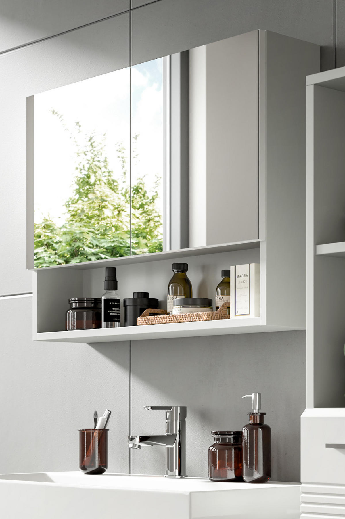 SPIEGELSCHRANK grau 74 cm, Badschrank 2-türig mit Soft-Close - Grau, Glas/Holzwerkstoff (74/55/17cm) - Inn.Furn