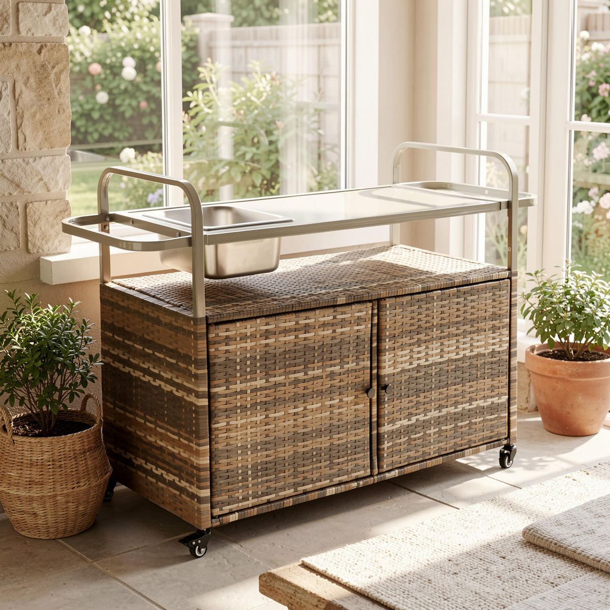 OUTDOOR-BARWAGEN 131 cm Beige Stahl & Rattan – Servierwagen mit Eisbehälter, Schrank & Lenkrollen - Beige, Metall (131/91/50cm) - Urban Meuble