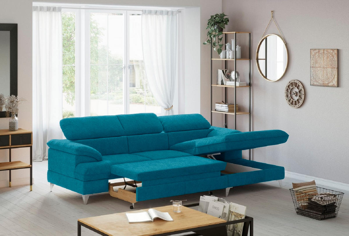 ECKSOFA mit Schlaffunktion und Bettkasten, verstellbare Kopfstützen - Chromfarben/Blau, Textil/Metall (167/254cm) - Cotta