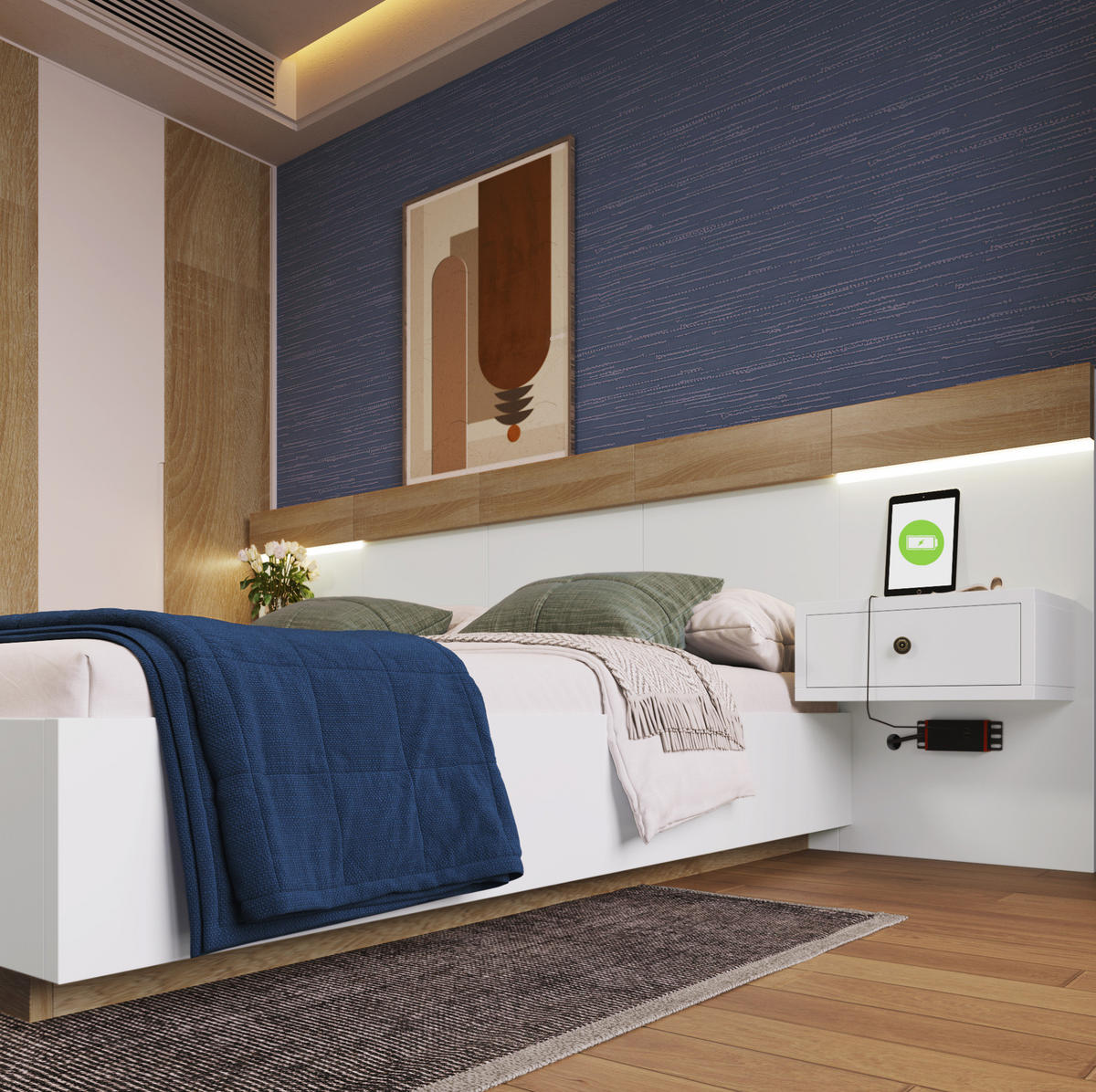 POLSTERBETT 180/200 cm Weiß/Eiche Sonoma aus Holzwerkstoff mit 2 LED-Nachtkommoden - Weiß, Holzwerkstoff (180/200cm) - OKMYHOME