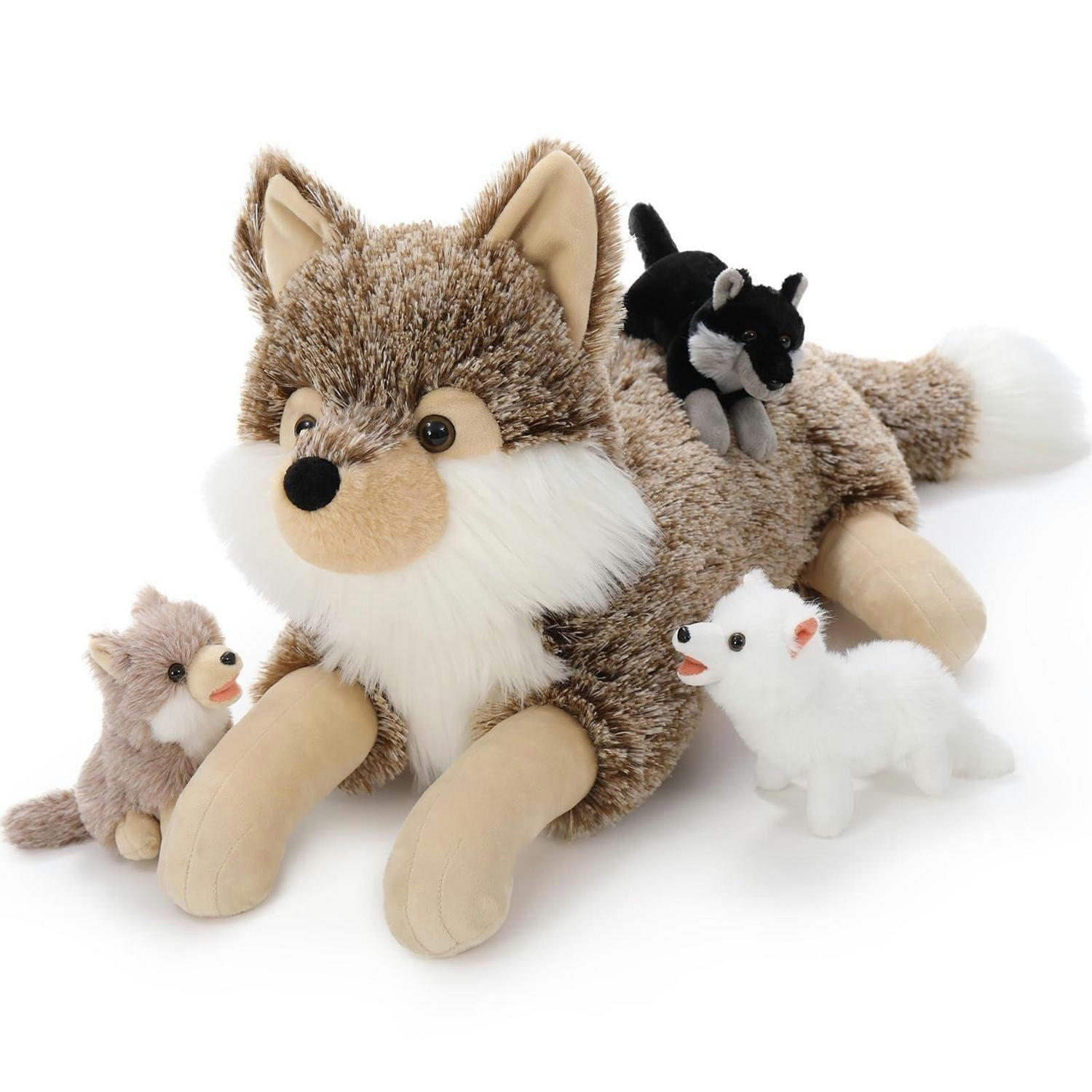 PLÜSCHTIER Wolf mit 3 Babys 50 cm Kaki-weiß - Multicolor, Textil (35/50cm)