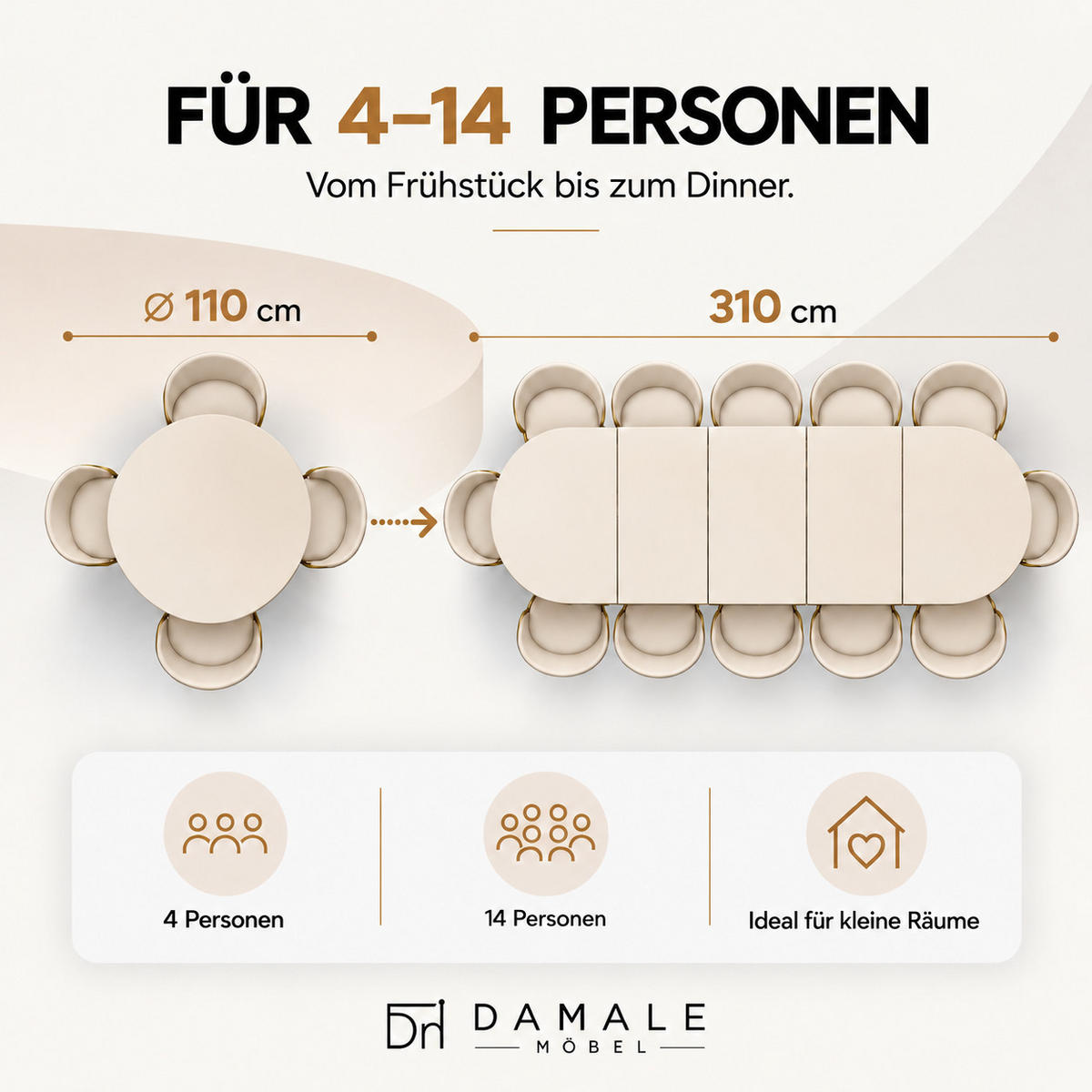 ESSTISCH rund ausziehbar 110/310/76 cm, Kaschmir, 54 cm Tischplatte + Industrial Metallgestell Gold - Kaschmir/Goldfarben, Holzwerkstoff/Metall (110/310/76cm) - Damale Möbel