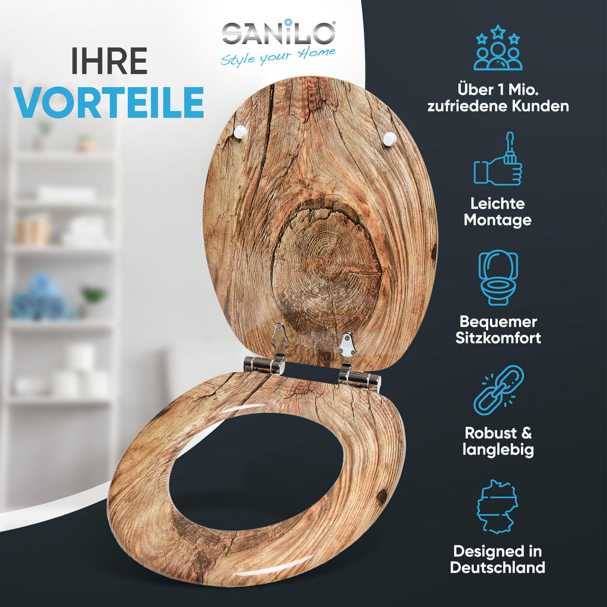 WC-SITZ mit Absenkautomatik Rustikal - Braun, Holzwerkstoff (38/6/47cm) - Sanilo