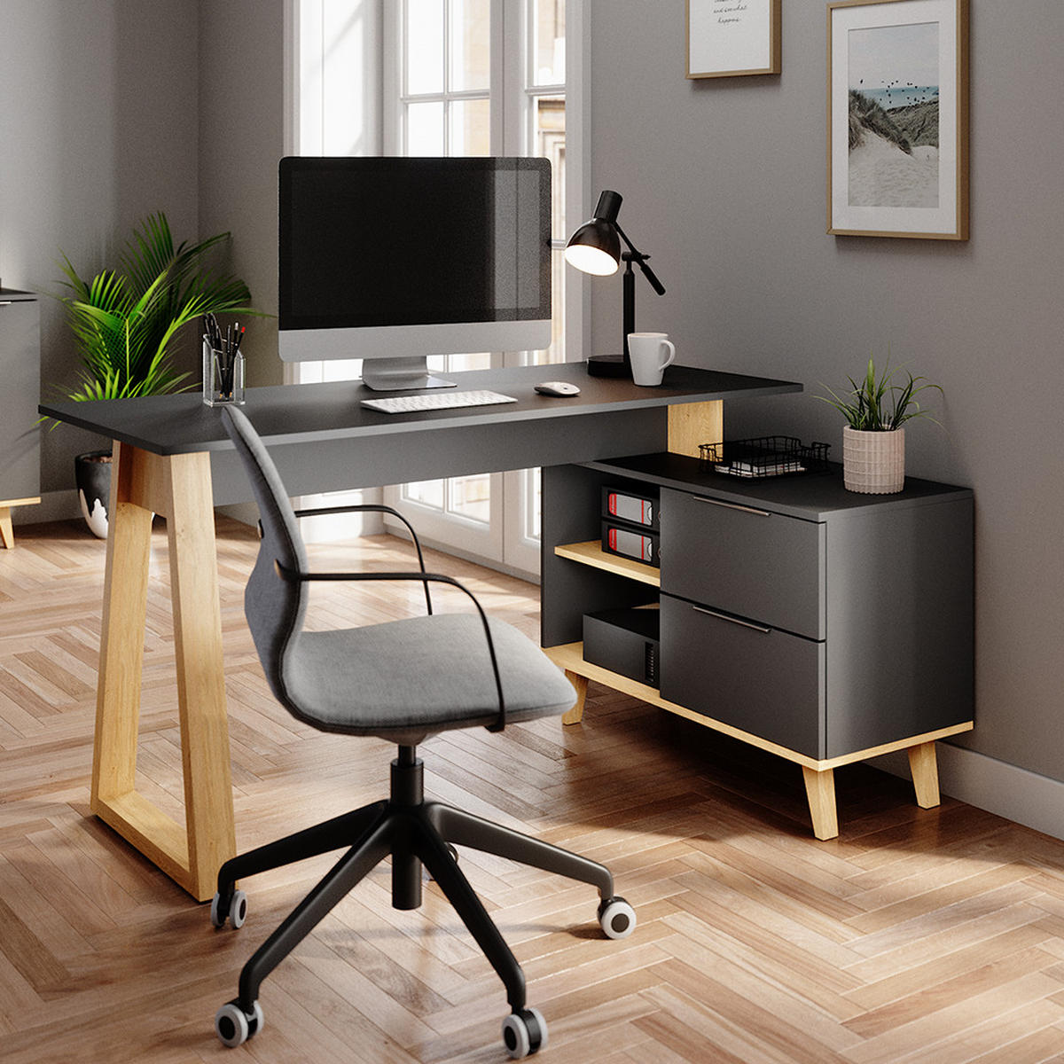 SCHREIBTISCH Nautica Anthrazit 138 x 60 cm mit Schubladen, XL - Anthrazit/Buchefarben, Holzwerkstoff (60/138/77cm) - Vicco