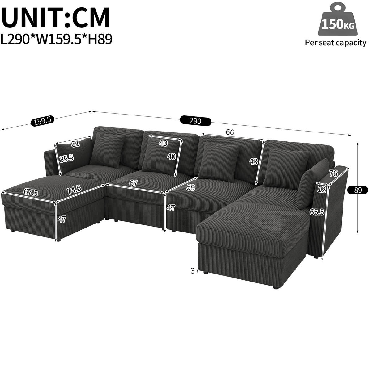 SOFA mit Hocker U-Form 290 x 159,5 x 89 cm Grey - Grau, Holz (159.5/89/290cm) - Meubliv