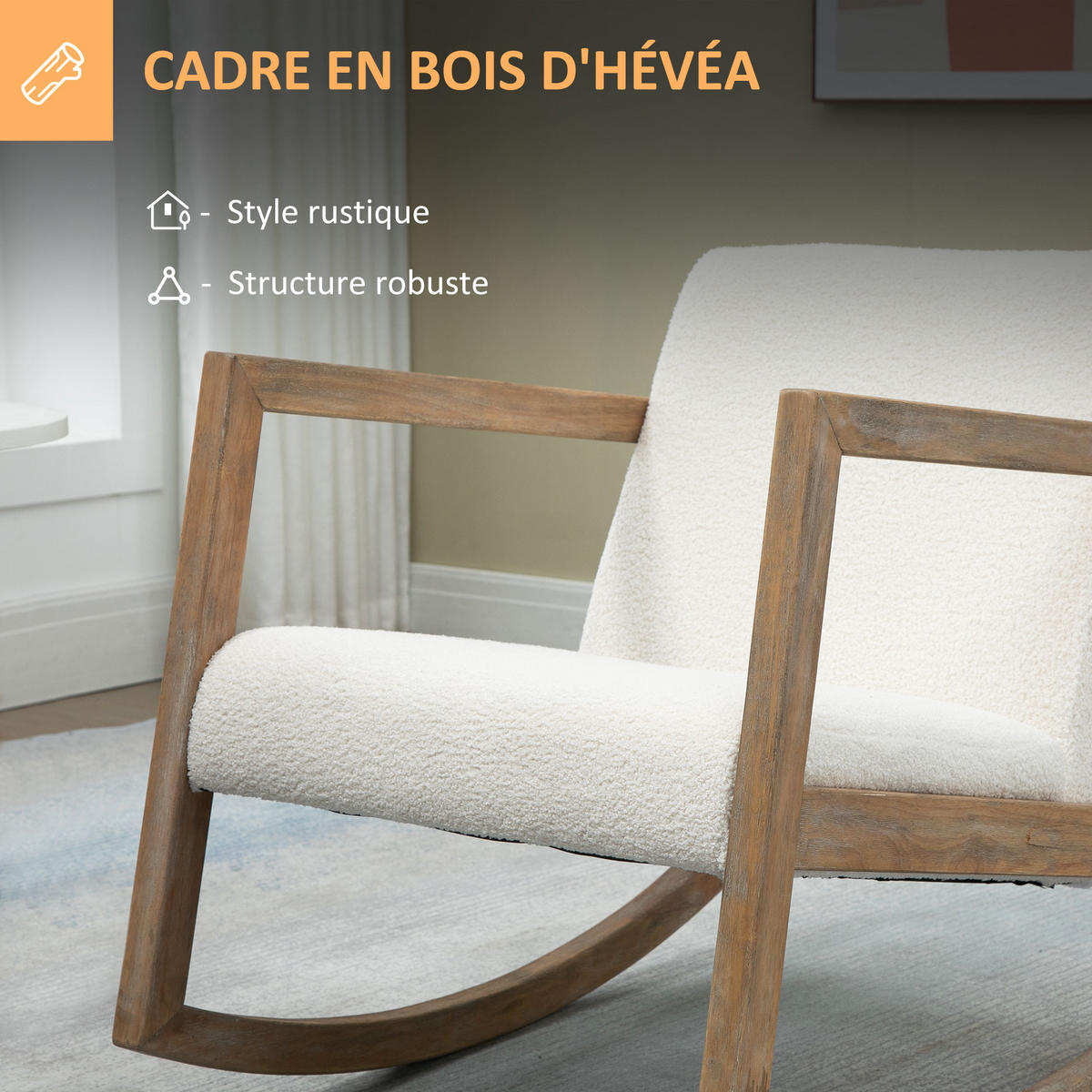 SCHAUKELSTUHL DE-17422 Bouclé-Stoff & Hevea-Holz Cremeweiß - Creme, Holz (81/71/60cm) - ComfortXL
