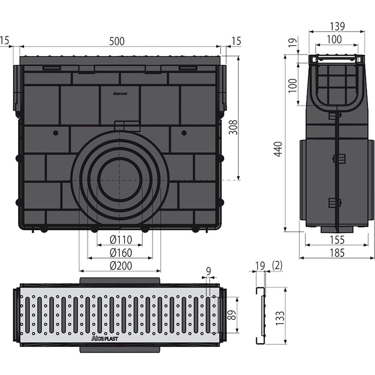 SERVICEBOX für Entwässerungsrinne AVZ102 mit Kunststoffrand und Rost C-Profil verzinkt A15 - Schwarz, Metall (42.5/18.6/53.2cm) - Alcadrain