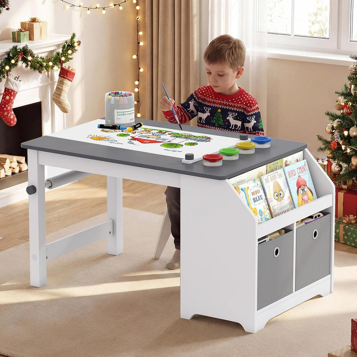 KINDERTISCH-SET mit Stauraum grau(2-tlg) - Grau, Holzwerkstoff (91/49.5/54cm) - COSTWAY