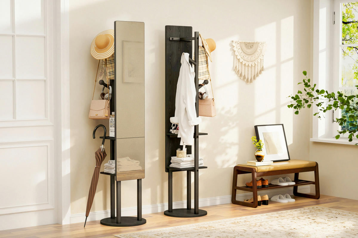 STANDGARDEROBE mit Spiegel in Schwarz 40/40/174 cm drehbar - Schwarz, Holzwerkstoff (40/174/40cm) - BEAOK