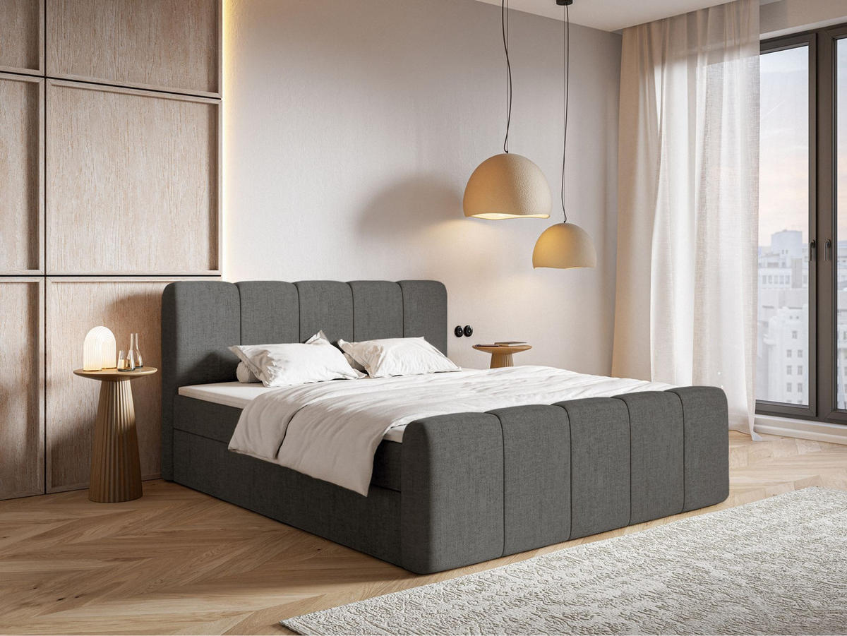 BOXBETT Cloudy II mit Bettkästen und Topper Chenille Dunkelgrau, 160x200 cm - Dunkelgrau/Schwarz, Kunststoff/Textil (160/200cm) - Selsey