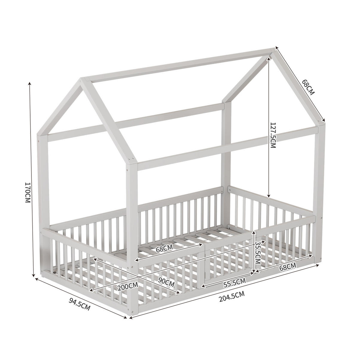 KINDERBETT 90/200 cm mit Sicherheitsgitter und Tür, aus Kiefern, Hausbett, Weiß - Weiß, Holzwerkstoff (90/200cm) - Redom