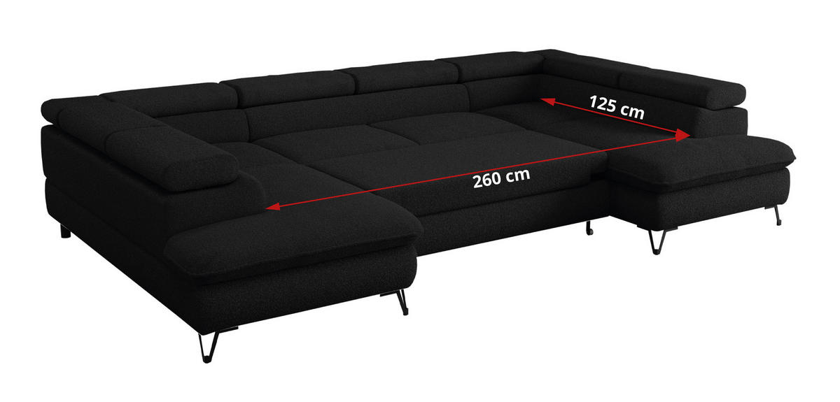 WOHNLANDSCHAFT PETER U Boucle Schwarz - Schwarz, Textil/Metall (346/76/208cm) - MKS